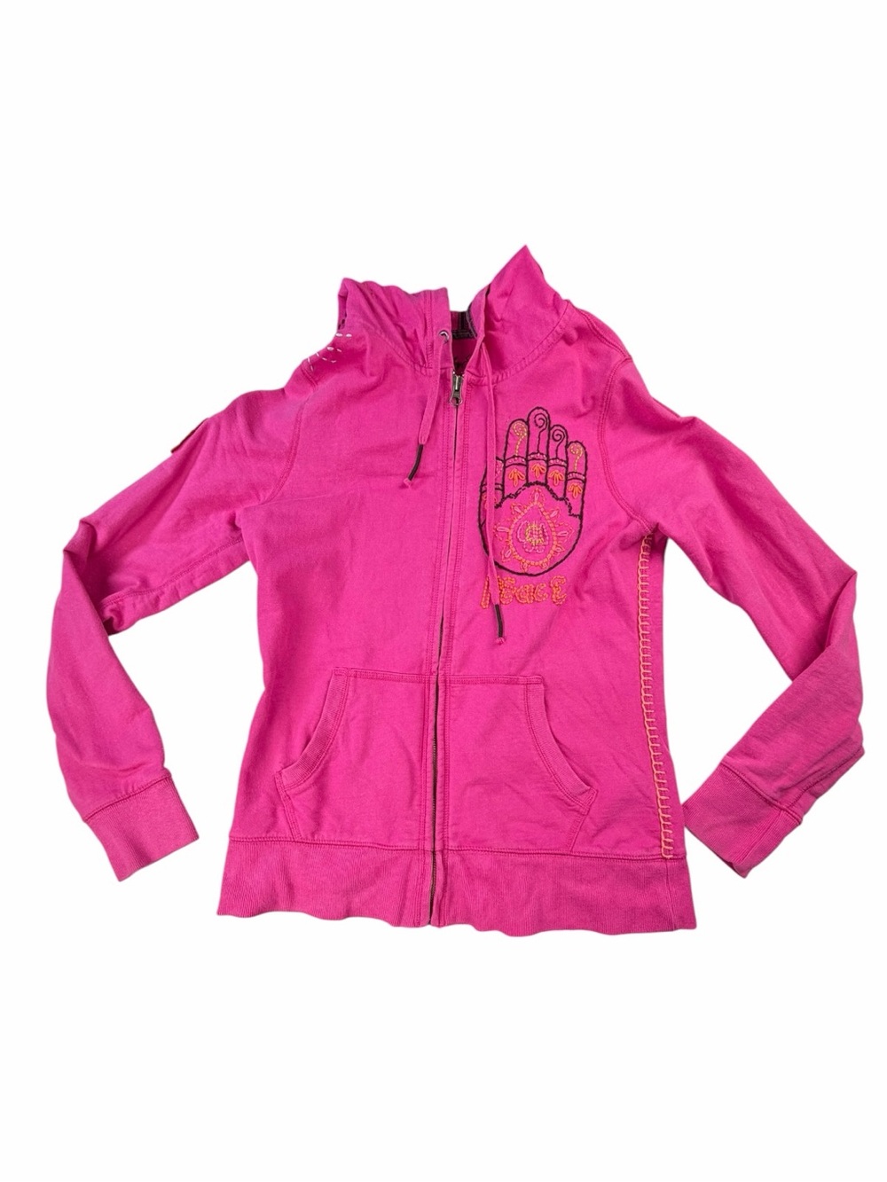 Y2K Lucky Brand Women’s Full Zip Embroidered Boho Peace Pink Hoodie Size Medium